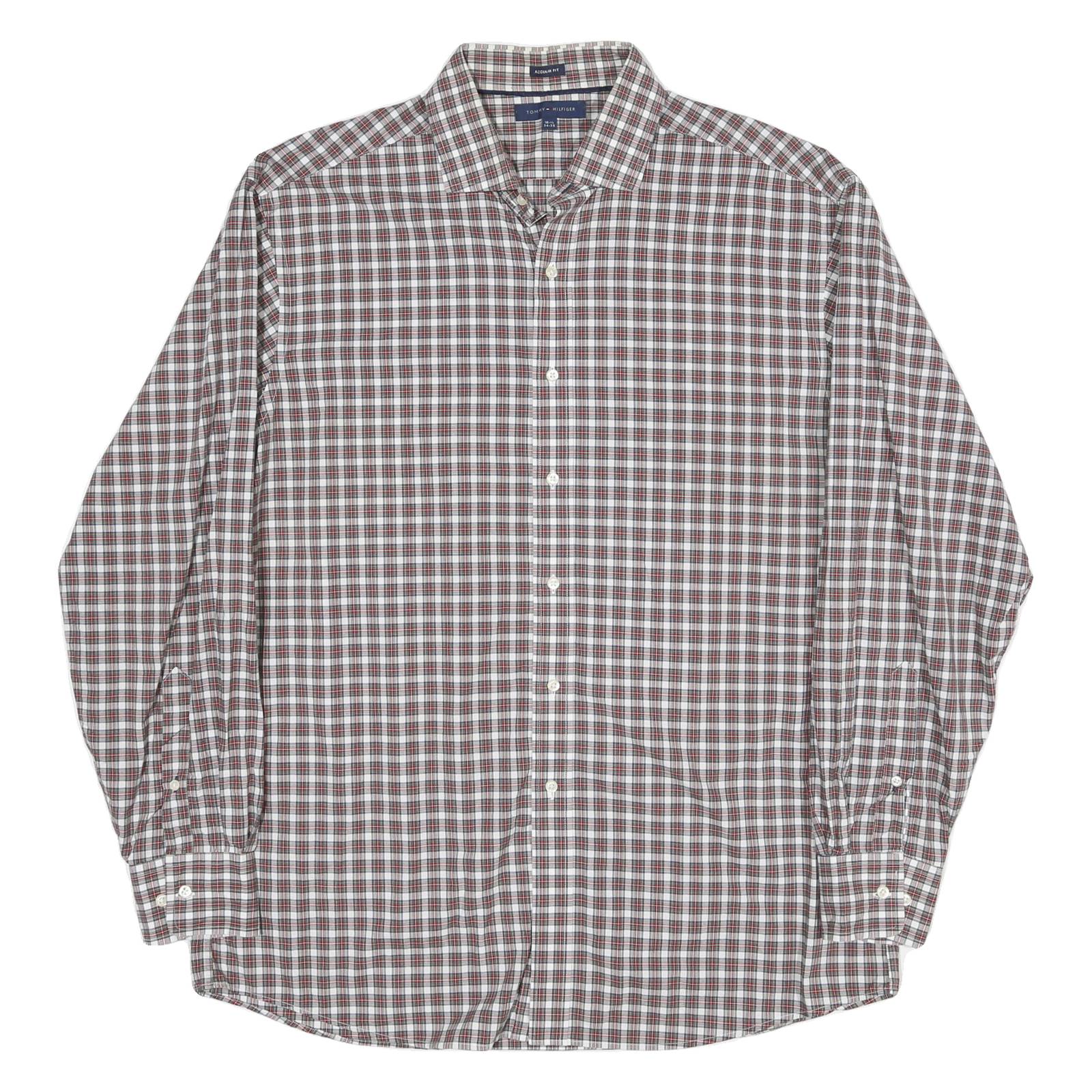 TOMMY HILFIGER Mens White & Brown Check Shirt L Cotton Blend Classic Fit