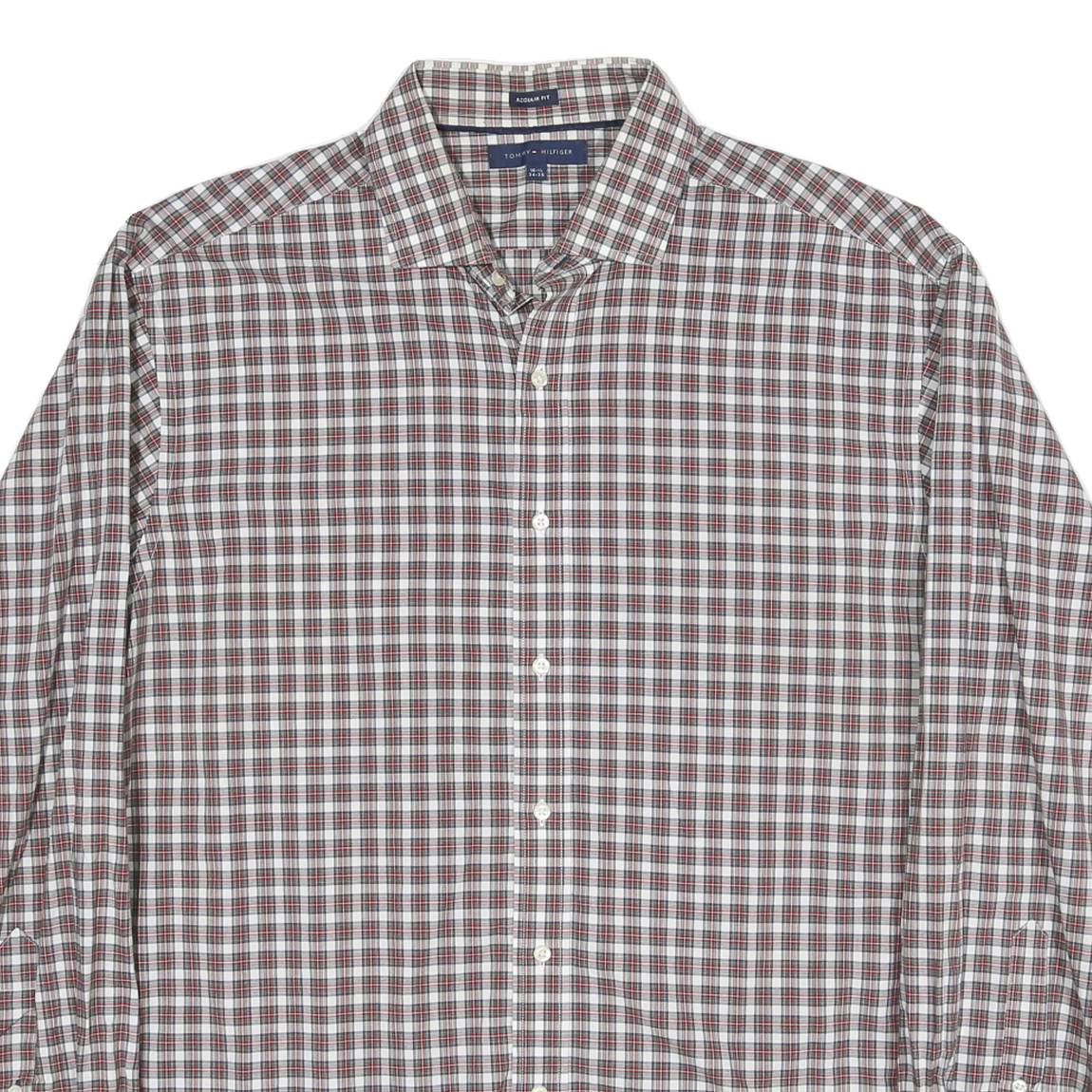 TOMMY HILFIGER Mens White & Brown Check Shirt L Cotton Blend Classic Fit