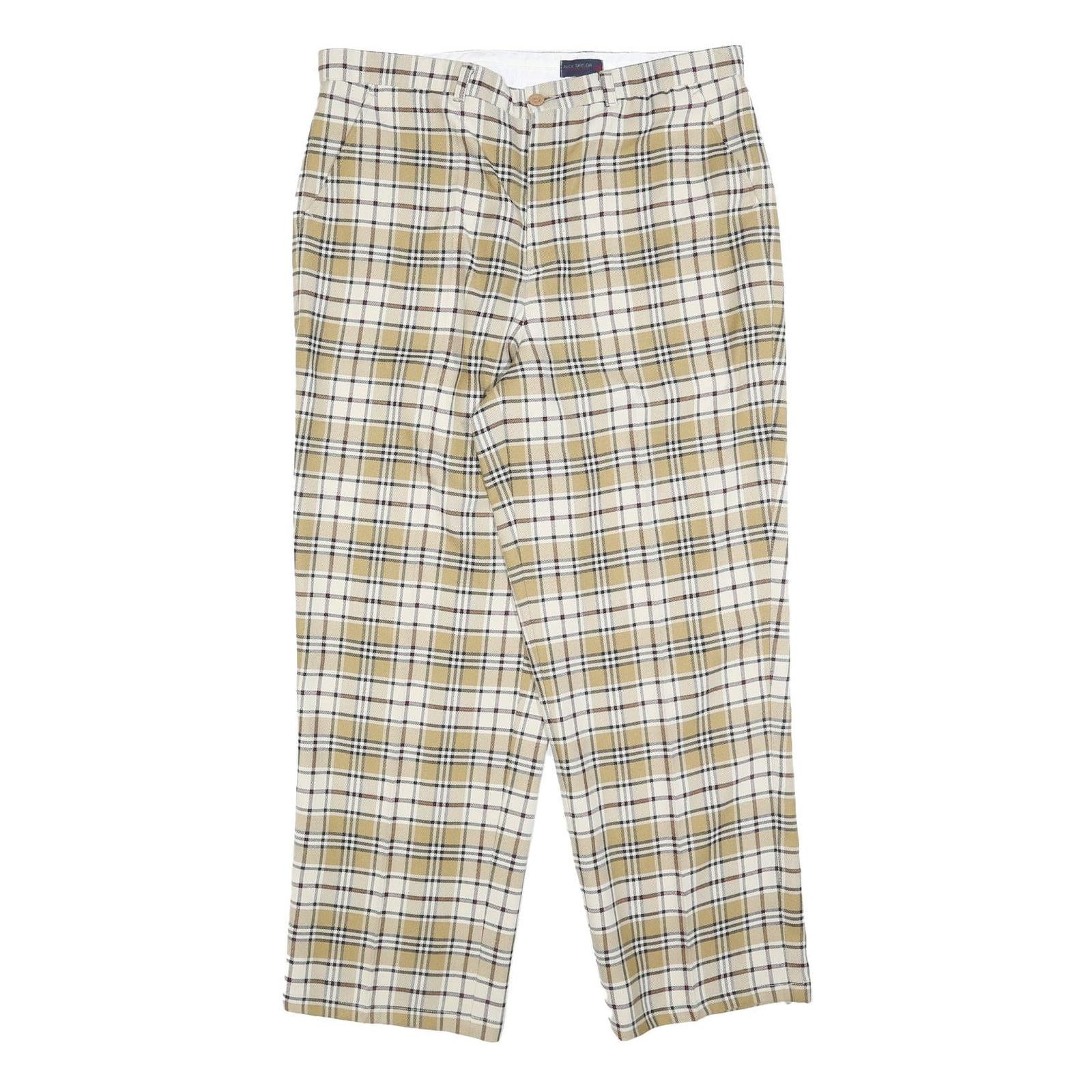 NICK TAYLOR Womens Polyester Blend Beige & Cream Check Relaxed Straight Trousers