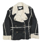 TASHA POLINGGI Womens Black & Cream Jacket L Polyester Blend Button Sherpa Trim