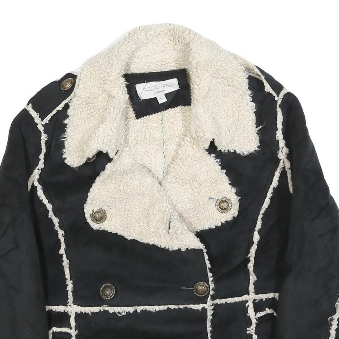 TASHA POLINGGI Womens Black & Cream Jacket L Polyester Blend Button Sherpa Trim
