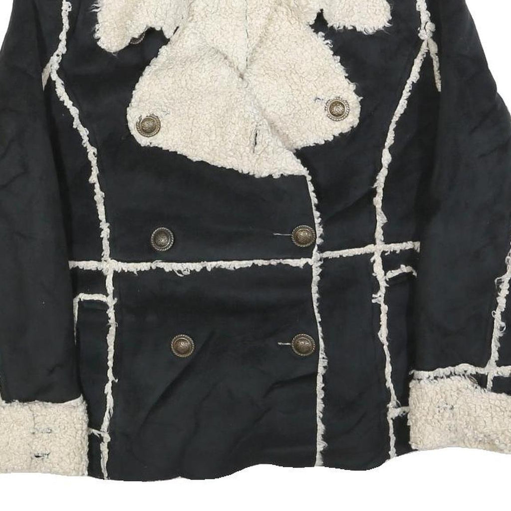 TASHA POLINGGI Womens Black & Cream Jacket L Polyester Blend Button Sherpa Trim