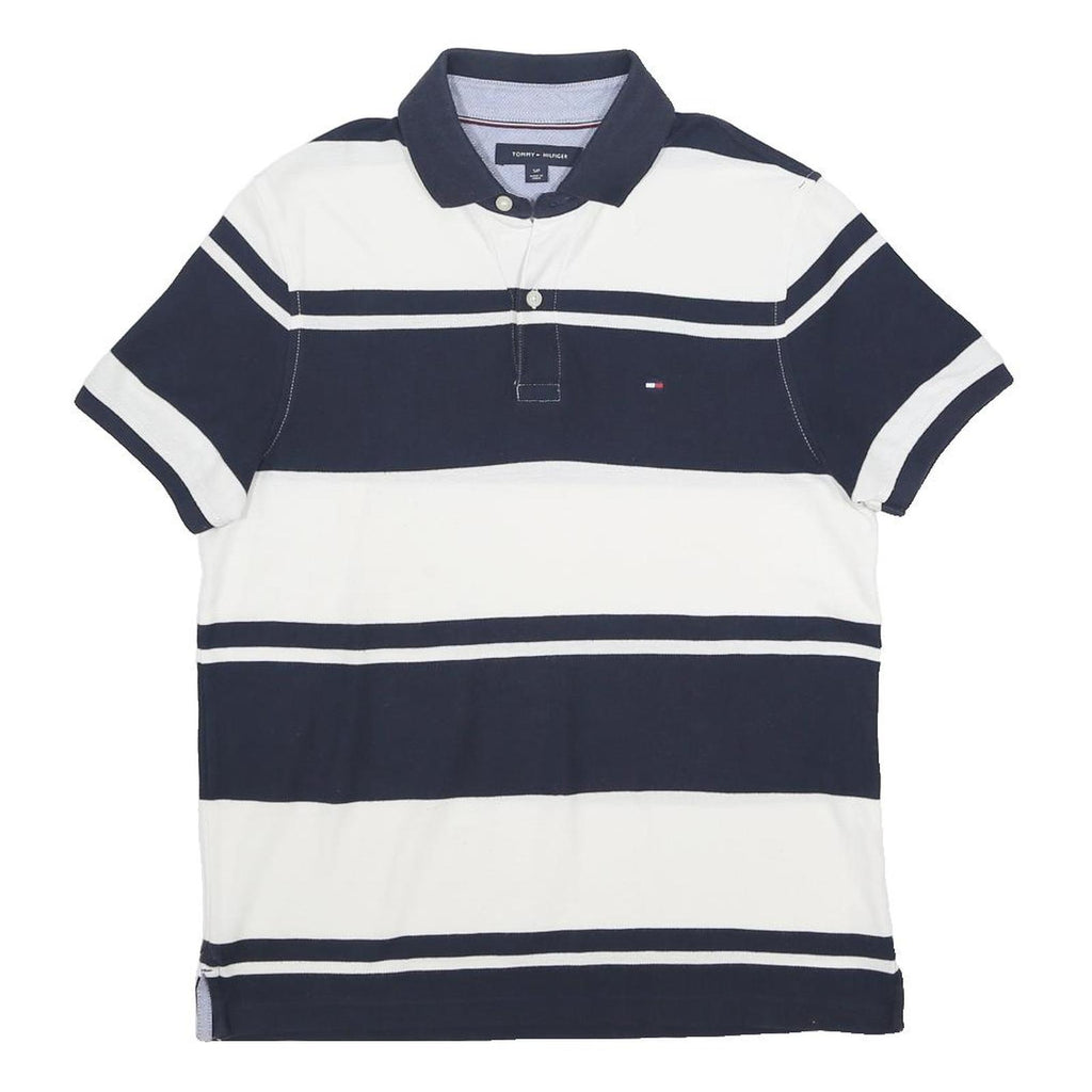TOMMY HILFIGER Mens Navy & White Striped Short Sleeve Polo Shirt S Classic