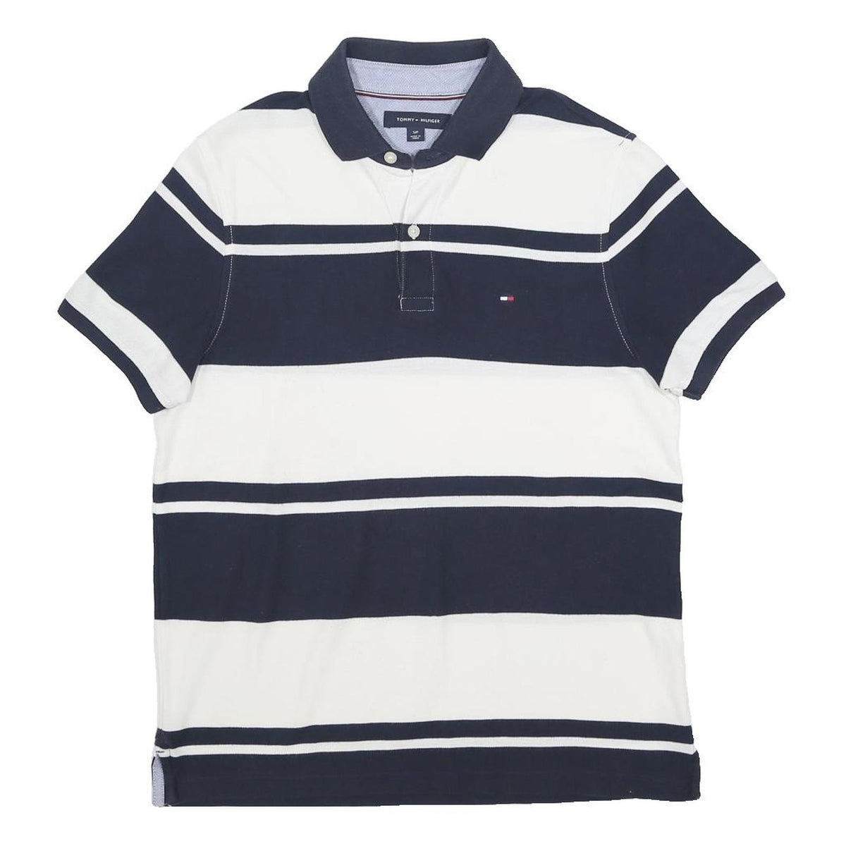 TOMMY HILFIGER Mens Navy & White Striped Short Sleeve Polo Shirt S Classic