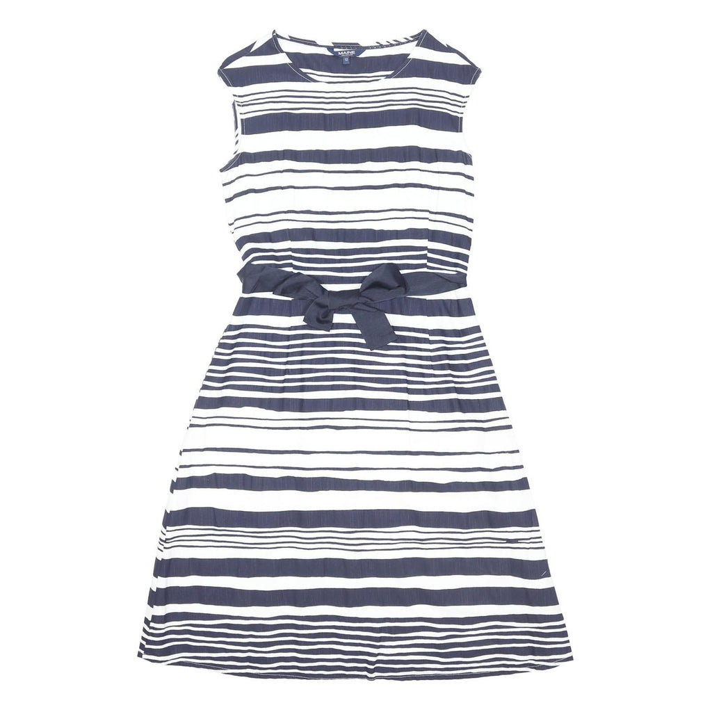 MAINE Womens Blue & White Stripe Day Cotton Blend Sleeveless Knee Length UK 12
