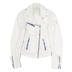 FREAKY NATION Womens White Leather Biker Jacket S Zip Casual Stylish Zip Pockets