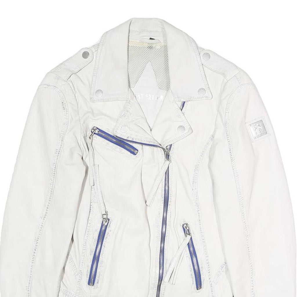 FREAKY NATION Womens White Leather Biker Jacket S Zip Casual Stylish Zip Pockets