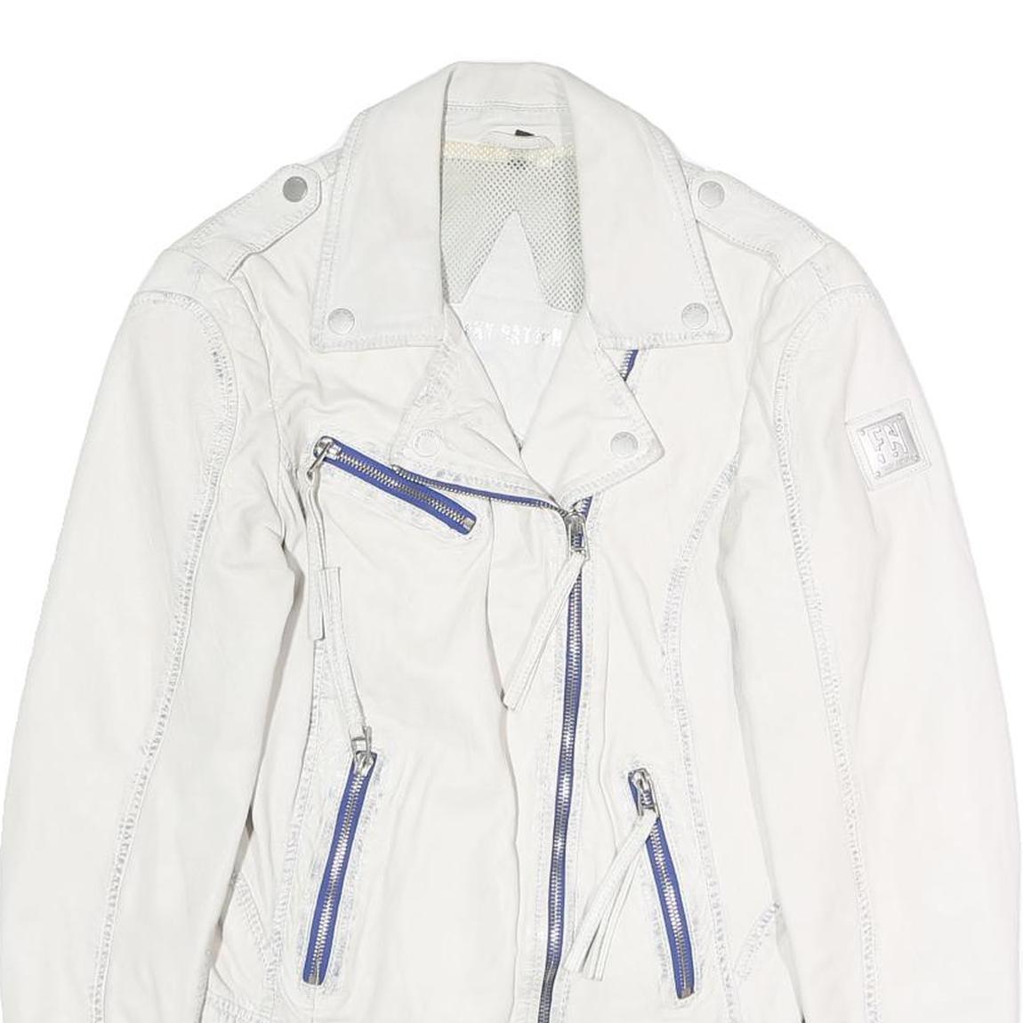 FREAKY NATION Womens White Leather Biker Jacket S Zip Casual Stylish Zip Pockets