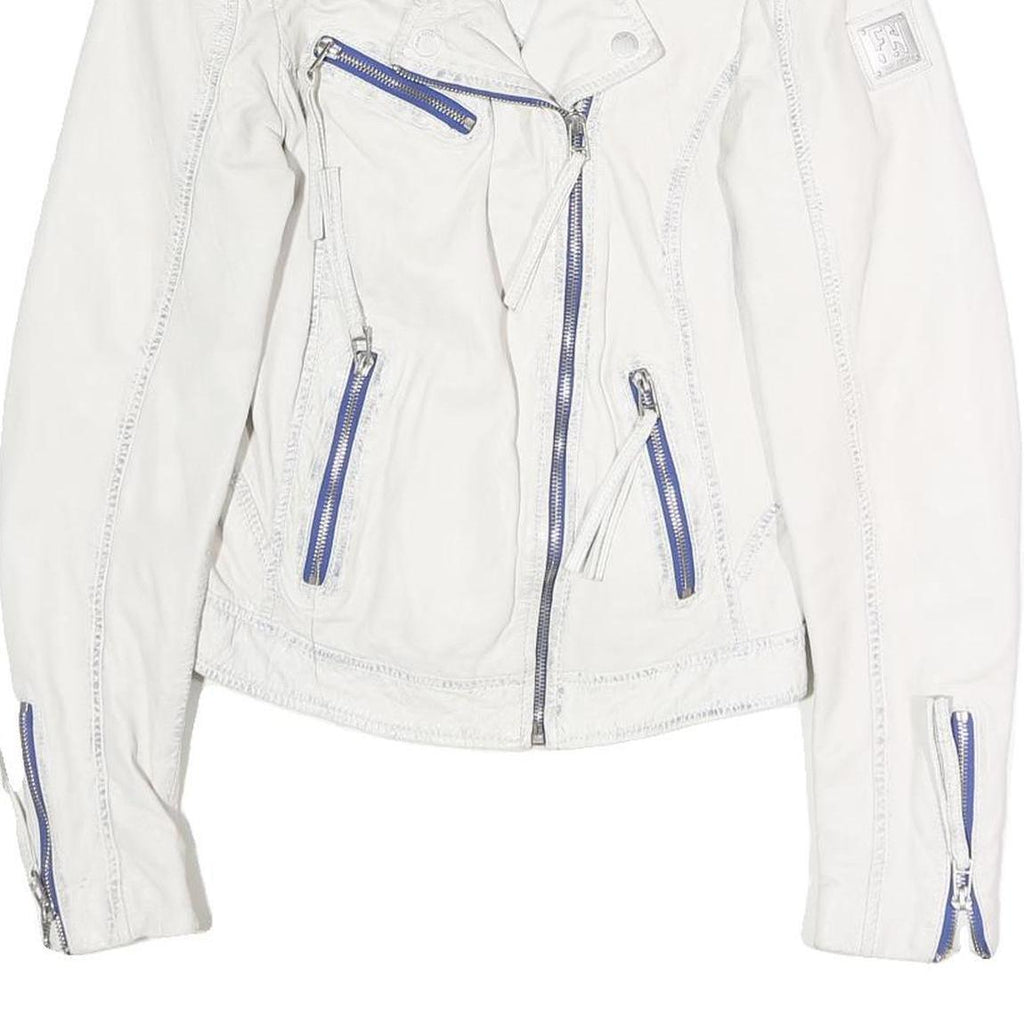 FREAKY NATION Womens White Leather Biker Jacket S Zip Casual Stylish Zip Pockets