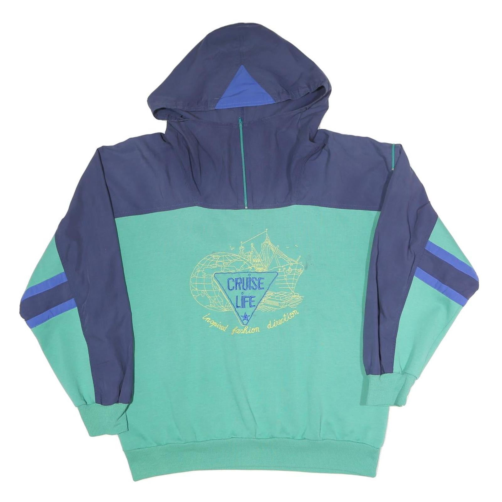 Mens Blue & Green Cruise Life Hoodie XL Cotton Blend Colourblock Pullover