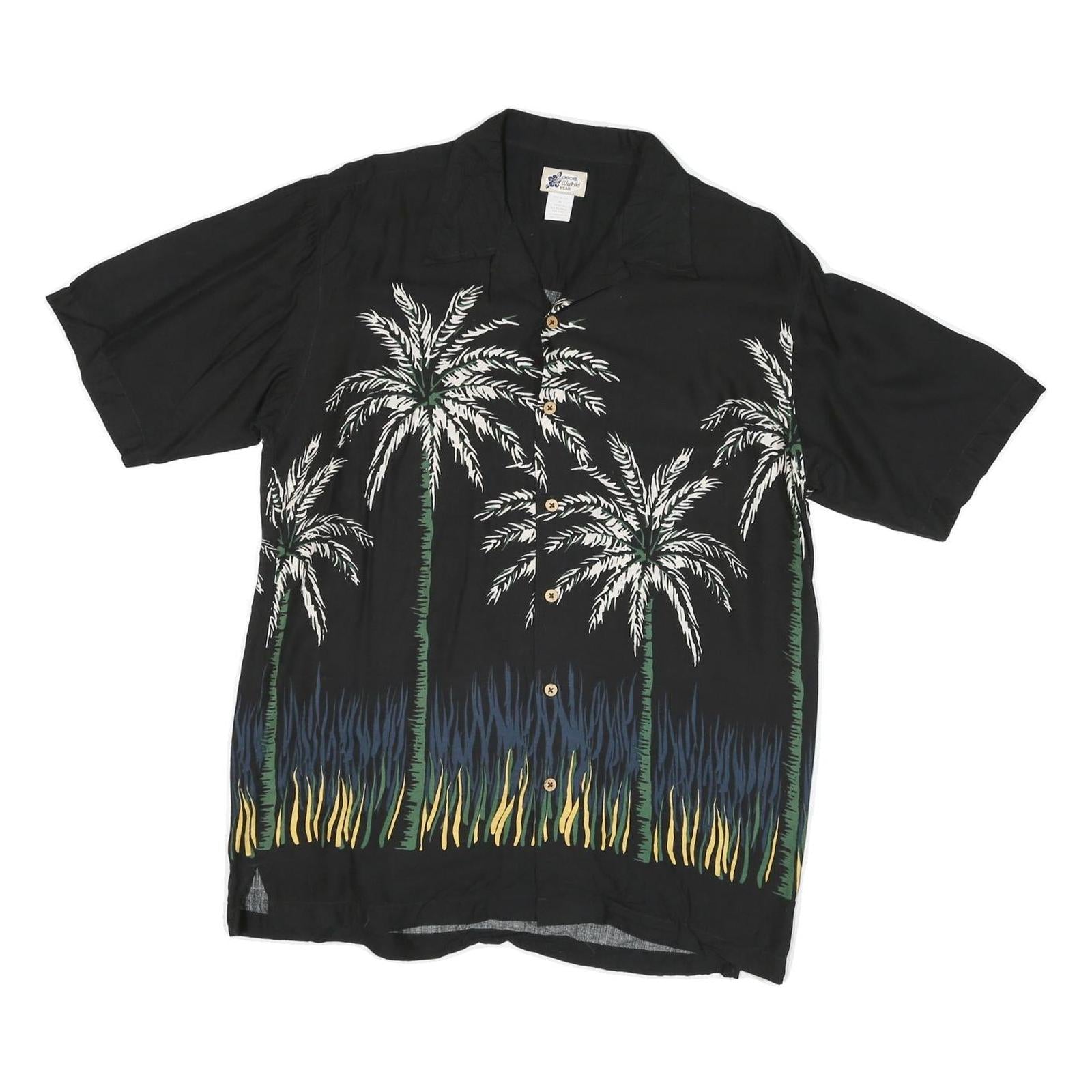 WAKIKI Mens Black Palm Tree Pattern Rayon Shirt M Summer Casual Beachwear