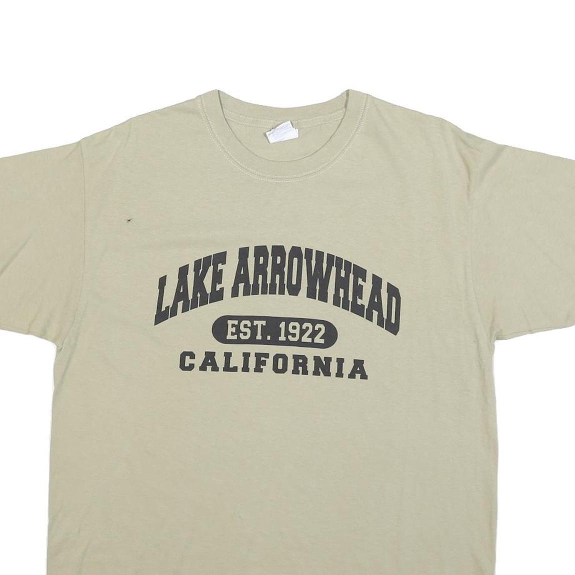 YAZBEK Mens Beige Lake Arrowhead California Graphic T-Shirt L Short Sleeve Crew