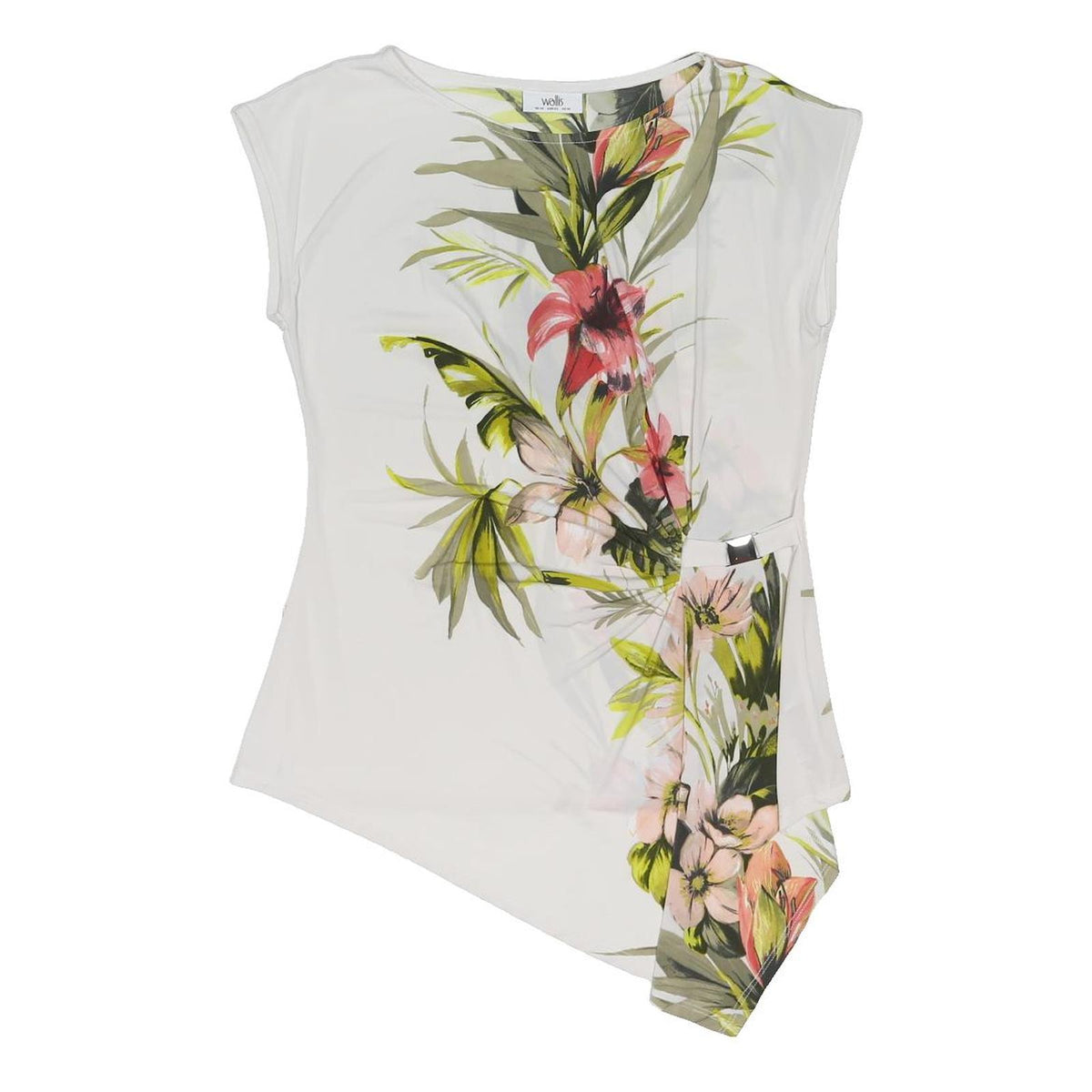 WALLIS Womens White Floral Printed Sleeveless Round Neck Top UK 14 Asymmetric
