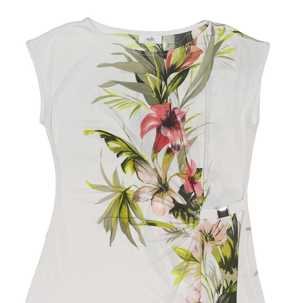 WALLIS Womens White Floral Printed Sleeveless Round Neck Top UK 14 Asymmetric