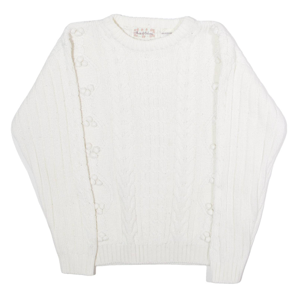 BRITISH COLONY Womens Jumper White Crew Neck 80s Cable Knit L