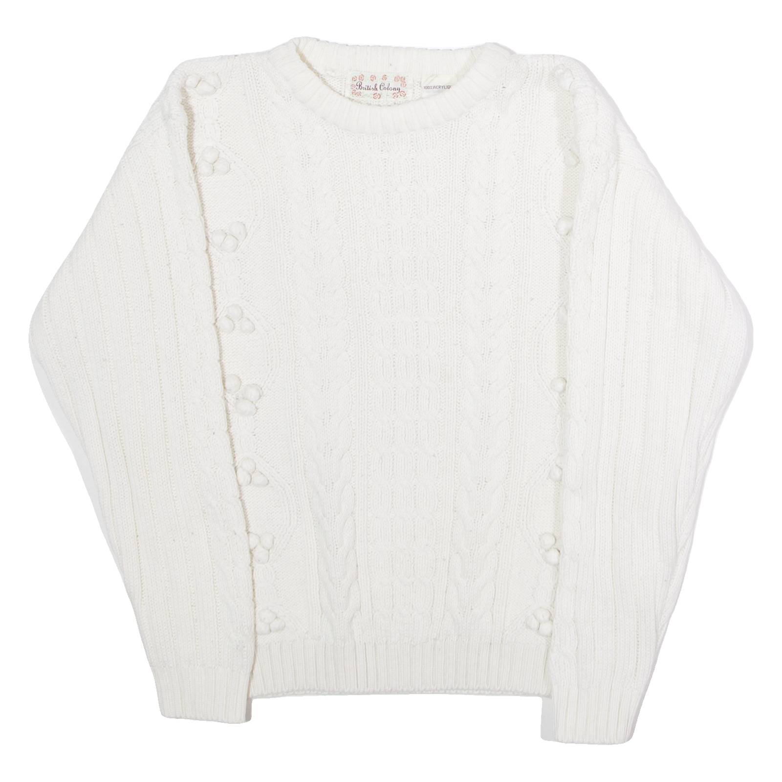 BRITISH COLONY Womens Jumper White Crew Neck 80s Cable Knit L