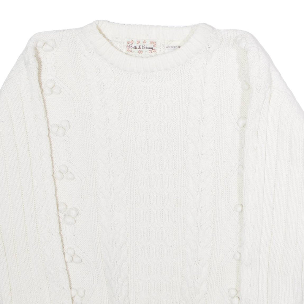 BRITISH COLONY Womens Jumper White Crew Neck 80s Cable Knit L