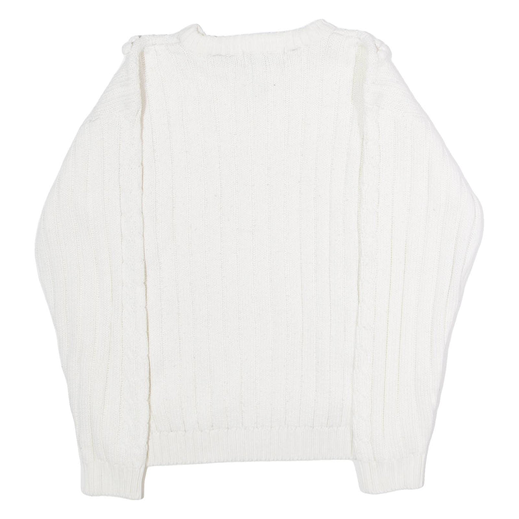 BRITISH COLONY Womens Jumper White Crew Neck 80s Cable Knit L