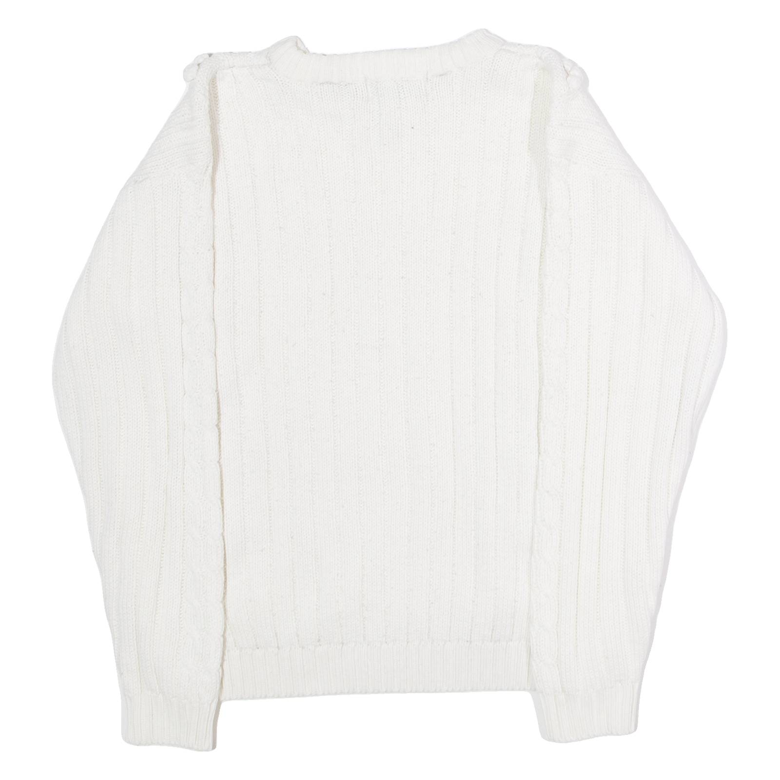 BRITISH COLONY Womens Jumper White Crew Neck 80s Cable Knit L