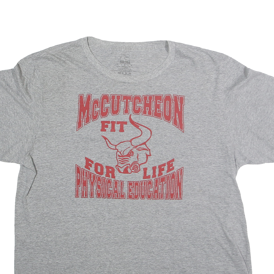 RUSSELL ATHLETIC Mens Grey & Red Graphic T-Shirt L Short Sleeve Crew Neck