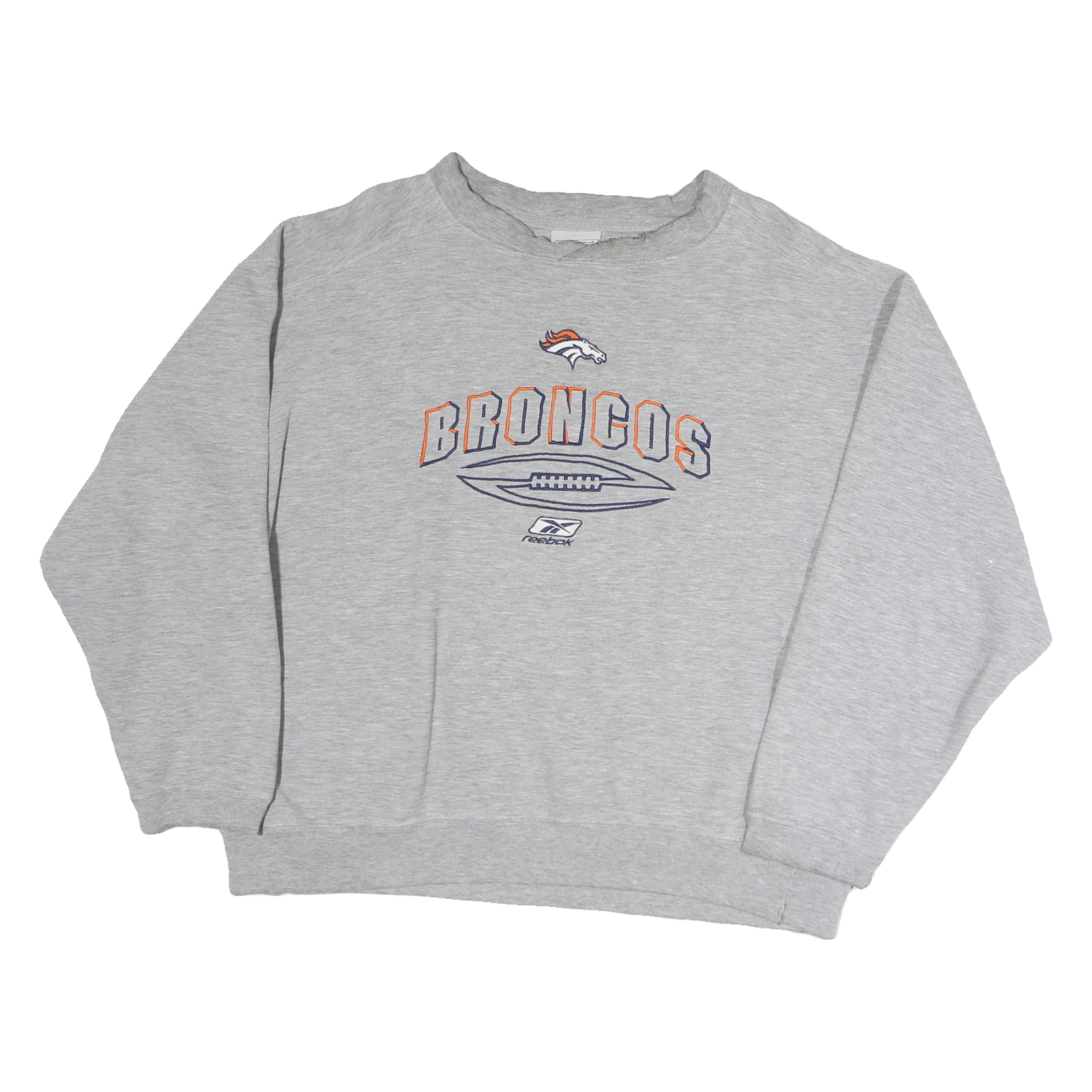 REEBOK Mens Grey Broncos Crew Neck L Cotton Sweatshirt NFL Vintage Sportswear
