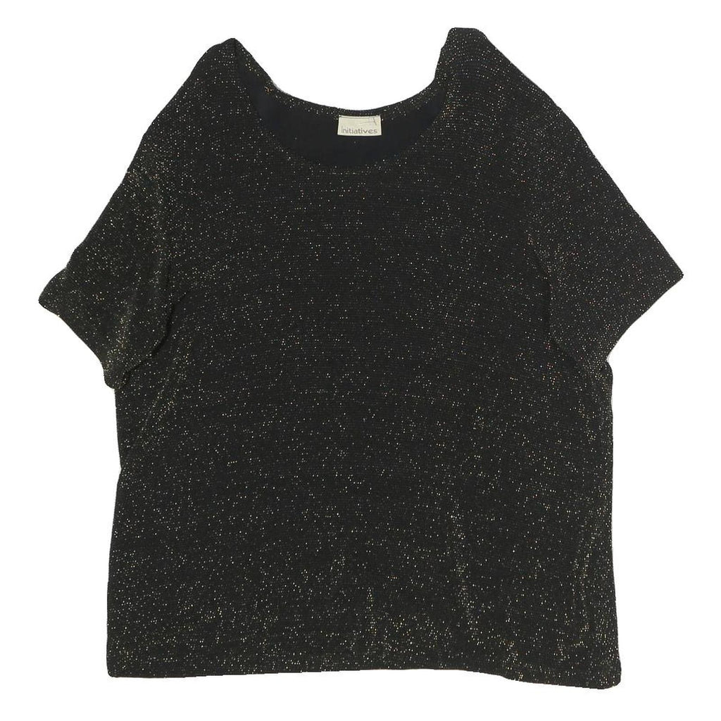 INITIATIVES Womens Black Metallic Sparkle Short Sleeve Round Neck Top L Evening
