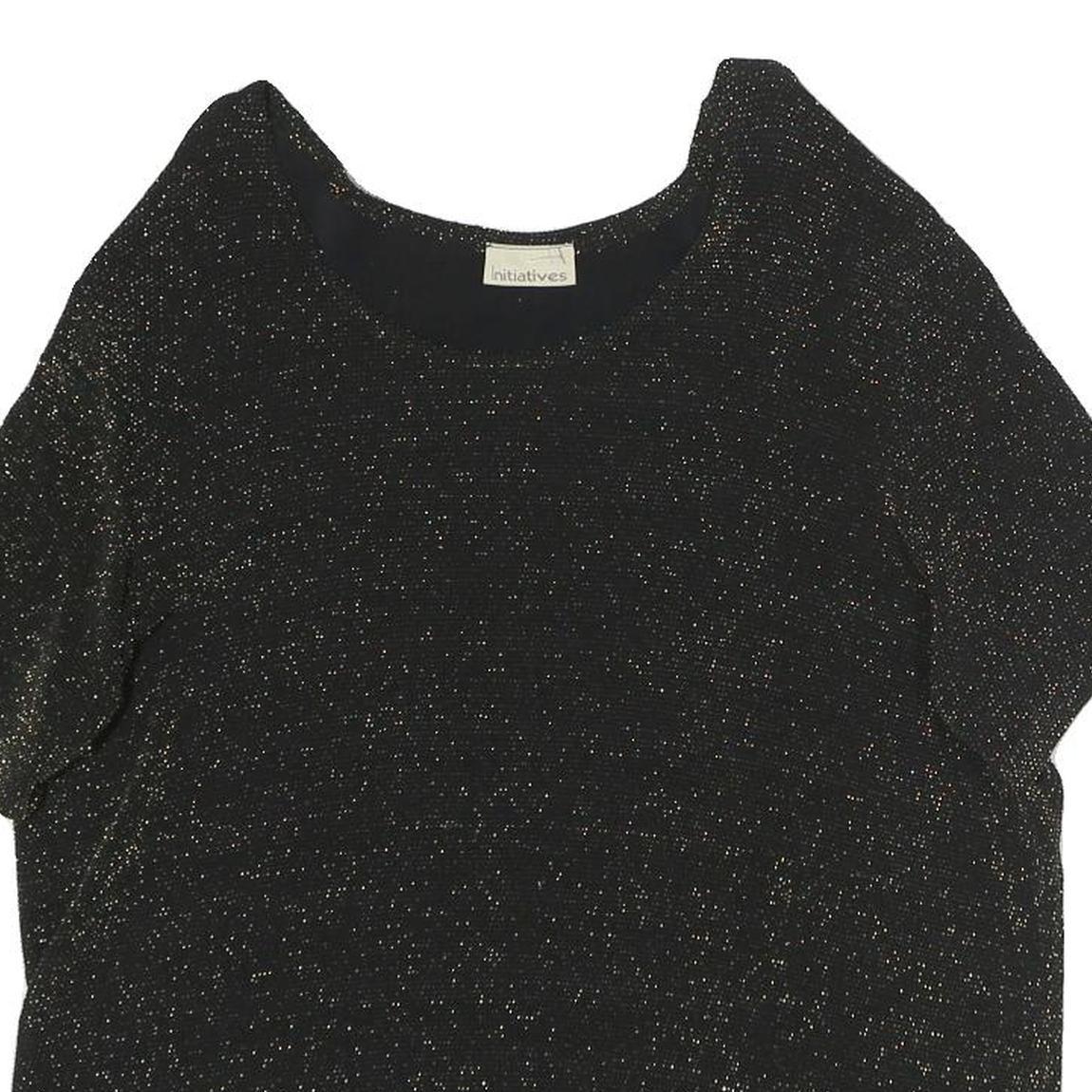 INITIATIVES Womens Black Metallic Sparkle Short Sleeve Round Neck Top L Evening
