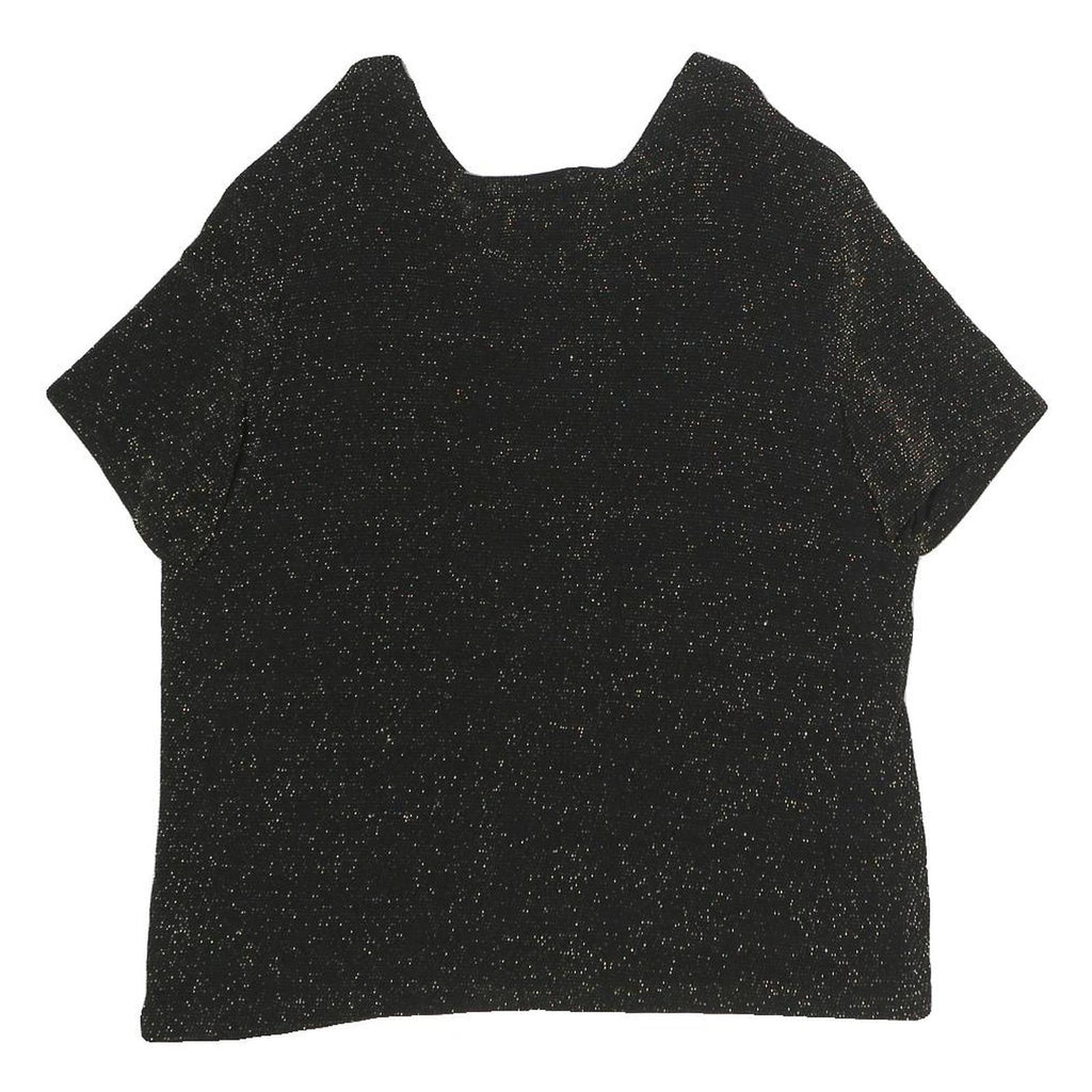 INITIATIVES Womens Black Metallic Sparkle Short Sleeve Round Neck Top L Evening
