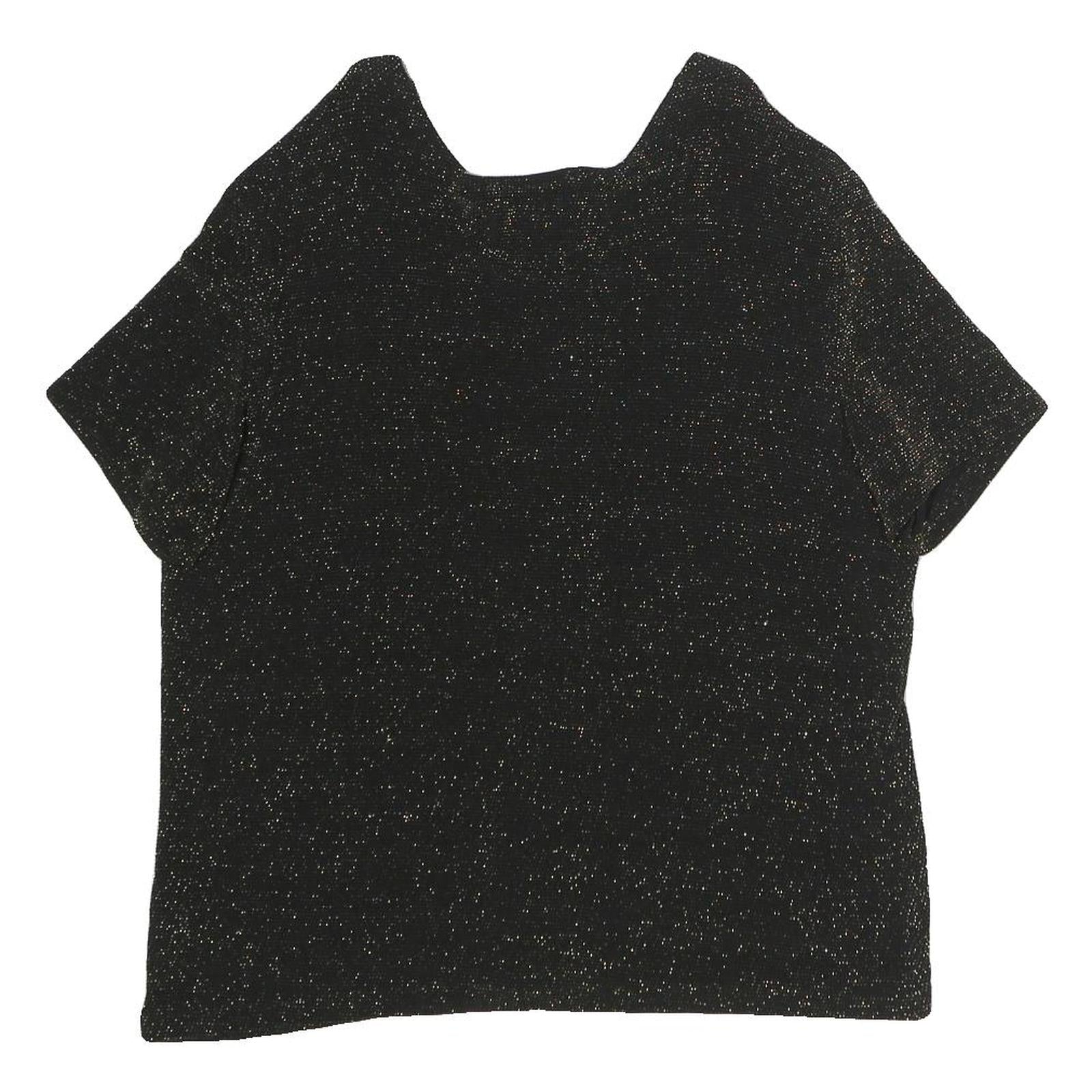INITIATIVES Womens Black Metallic Sparkle Short Sleeve Round Neck Top L Evening