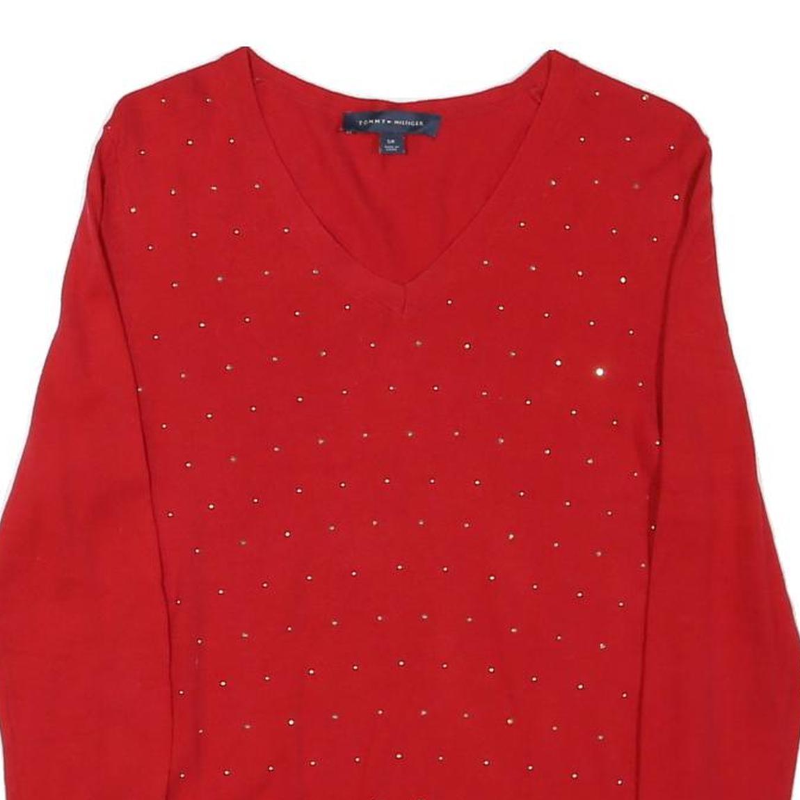 TOMMY HILFIGER Womens Red Plain Jumper V-Neck Basic Knit Size S Elegant Cotton