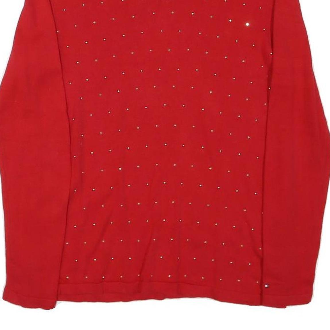 TOMMY HILFIGER Womens Red Plain Jumper V-Neck Basic Knit Size S Elegant Cotton