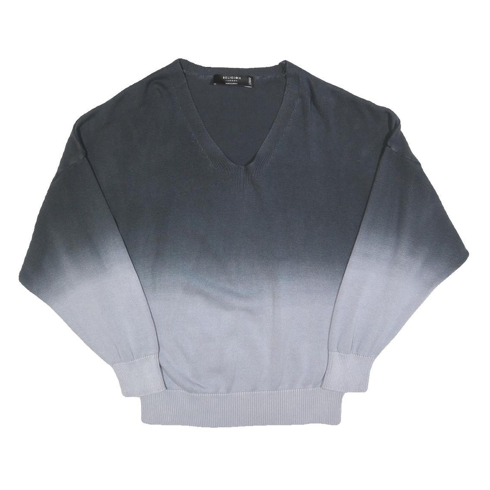 RELIGION Womens Blue Ombre Plain V-Neck Basic Knit Jumper L Cotton Pullover