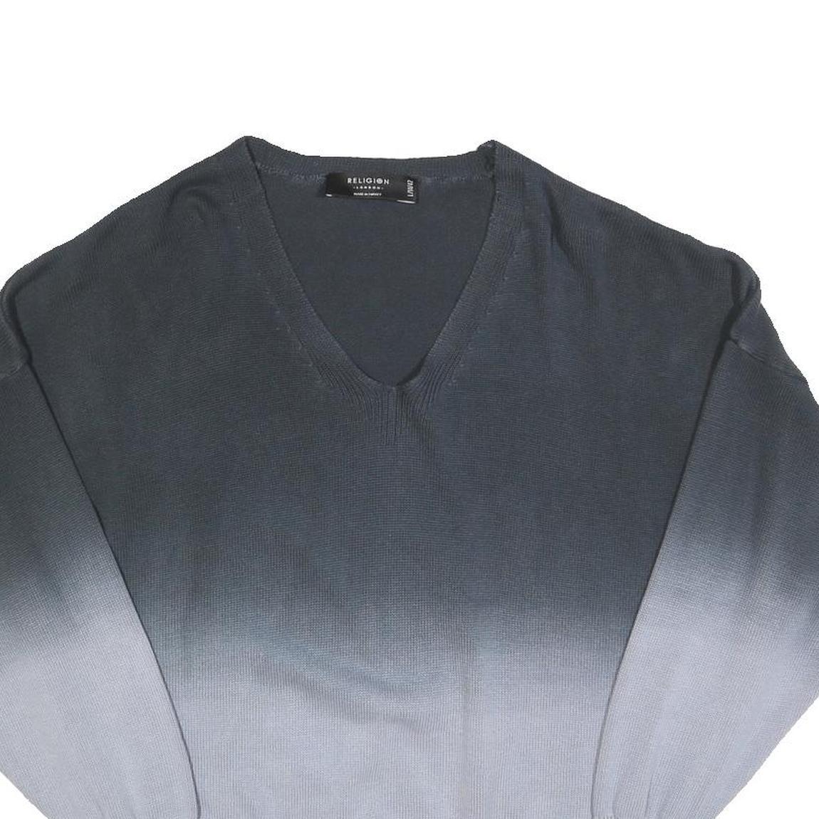 RELIGION Womens Blue Ombre Plain V-Neck Basic Knit Jumper L Cotton Pullover
