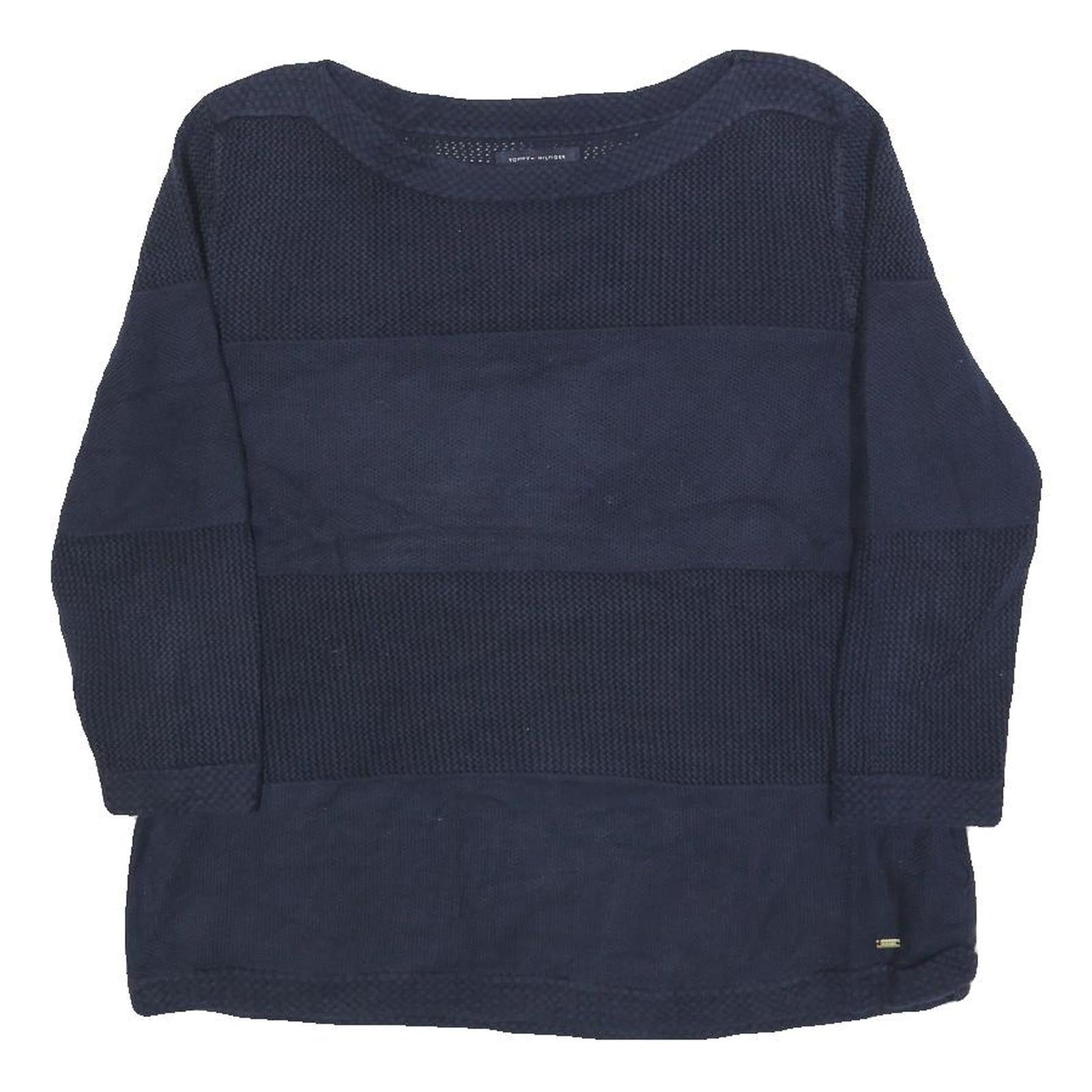TOMMY HILFIGER Womens Navy Blue Patterned Jumper Crew Neck Basic Knit L Cotton