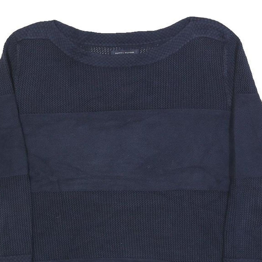 TOMMY HILFIGER Womens Navy Blue Patterned Jumper Crew Neck Basic Knit L Cotton
