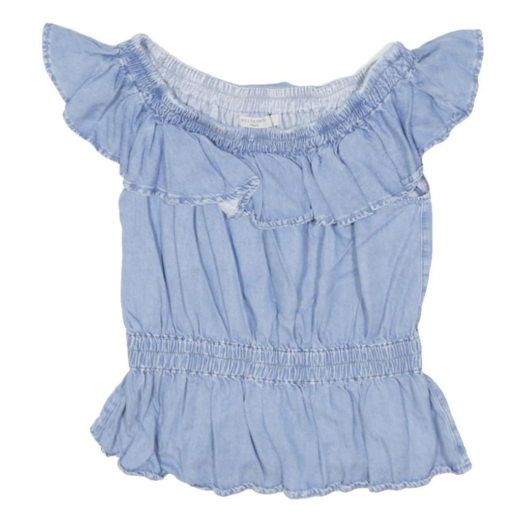 ALLSAINTS Womens Blue Ruffle Bardot Top L Cotton Blend Casual Summer
