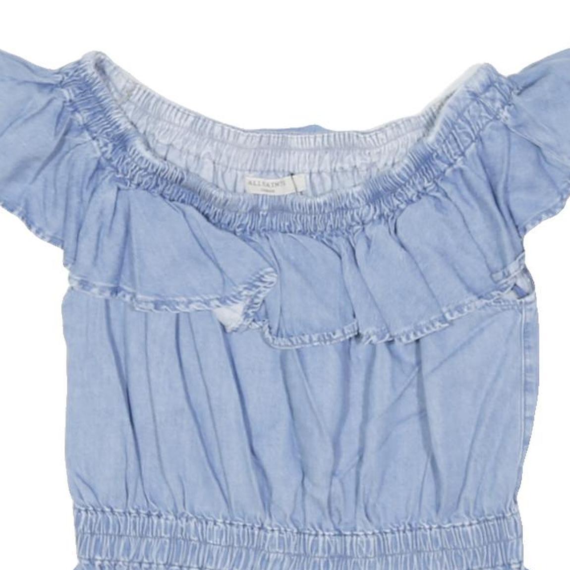ALLSAINTS Womens Blue Ruffle Bardot Top L Cotton Blend Casual Summer
