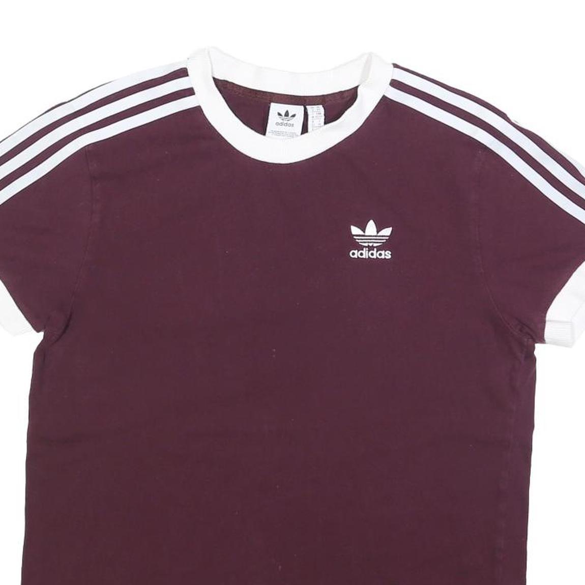 ADIDAS Womens Maroon & White Classic T-Shirt UK 6 Short Sleeve Crew Neck Cotton