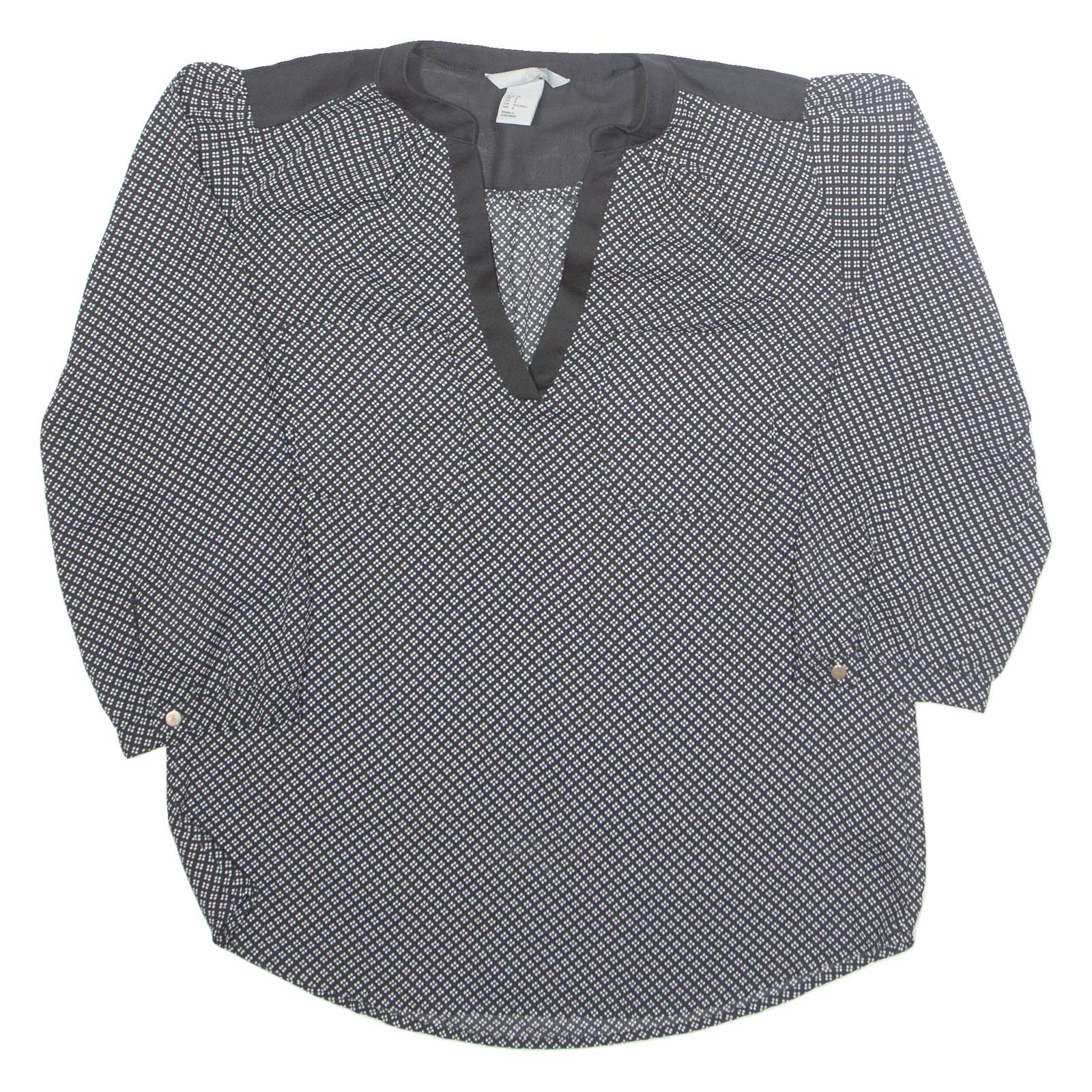 H&M Womens Printed Blouse Black V-Neck Long Sleeve Fair Isle S