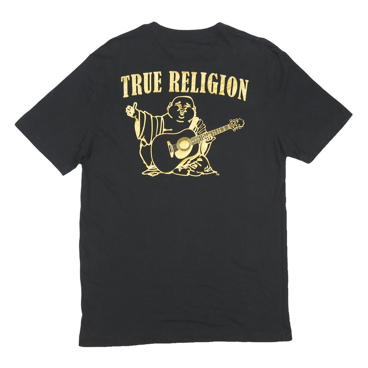 TRUE RELIGION Mens Black & Gold Graphic T-Shirt M Short Sleeve Crew Neck Guitar