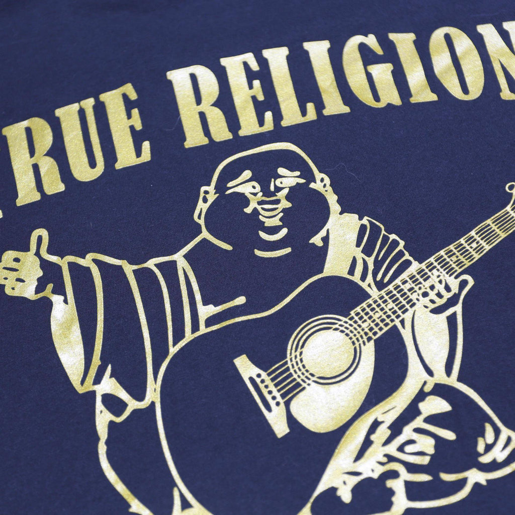TRUE RELIGION Mens Black & Gold Graphic T-Shirt M Short Sleeve Crew Neck Guitar