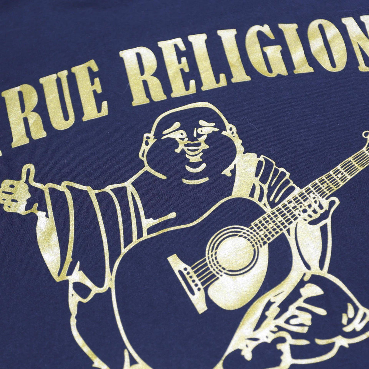 TRUE RELIGION Mens Black & Gold Graphic T-Shirt M Short Sleeve Crew Neck Guitar