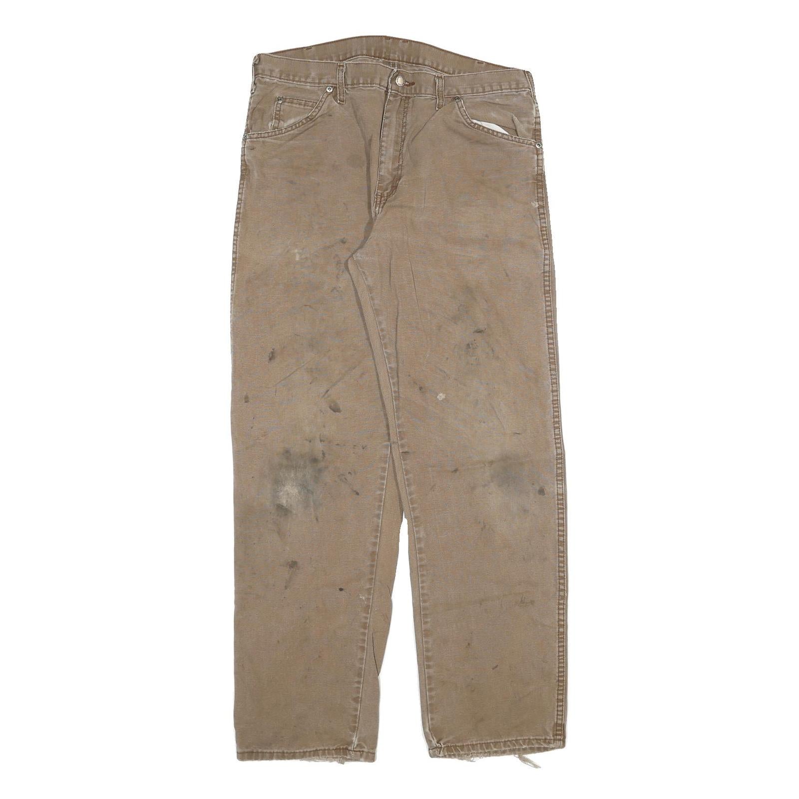 DICKIES Mens Cotton Blend Beige Regular Fit Straight Trousers W34 L32 Workwear