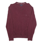 TOMMY HILFIGER Mens Maroon Plain Cotton V Neck Basic Knit Jumper L Classic Style