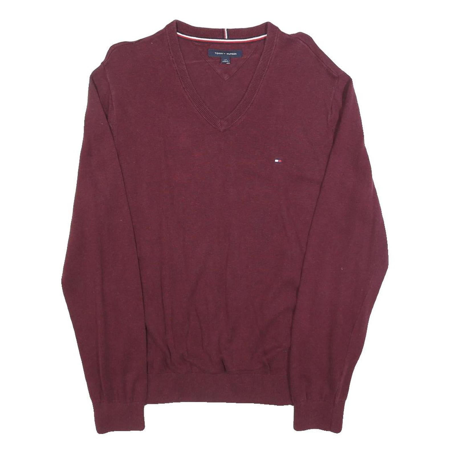 TOMMY HILFIGER Mens Maroon Plain Cotton V Neck Basic Knit Jumper L Classic Style