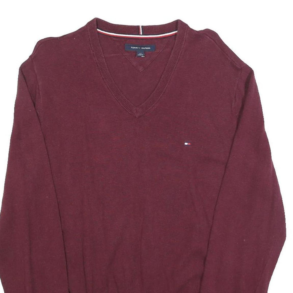 TOMMY HILFIGER Mens Maroon Plain Cotton V Neck Basic Knit Jumper L Classic Style