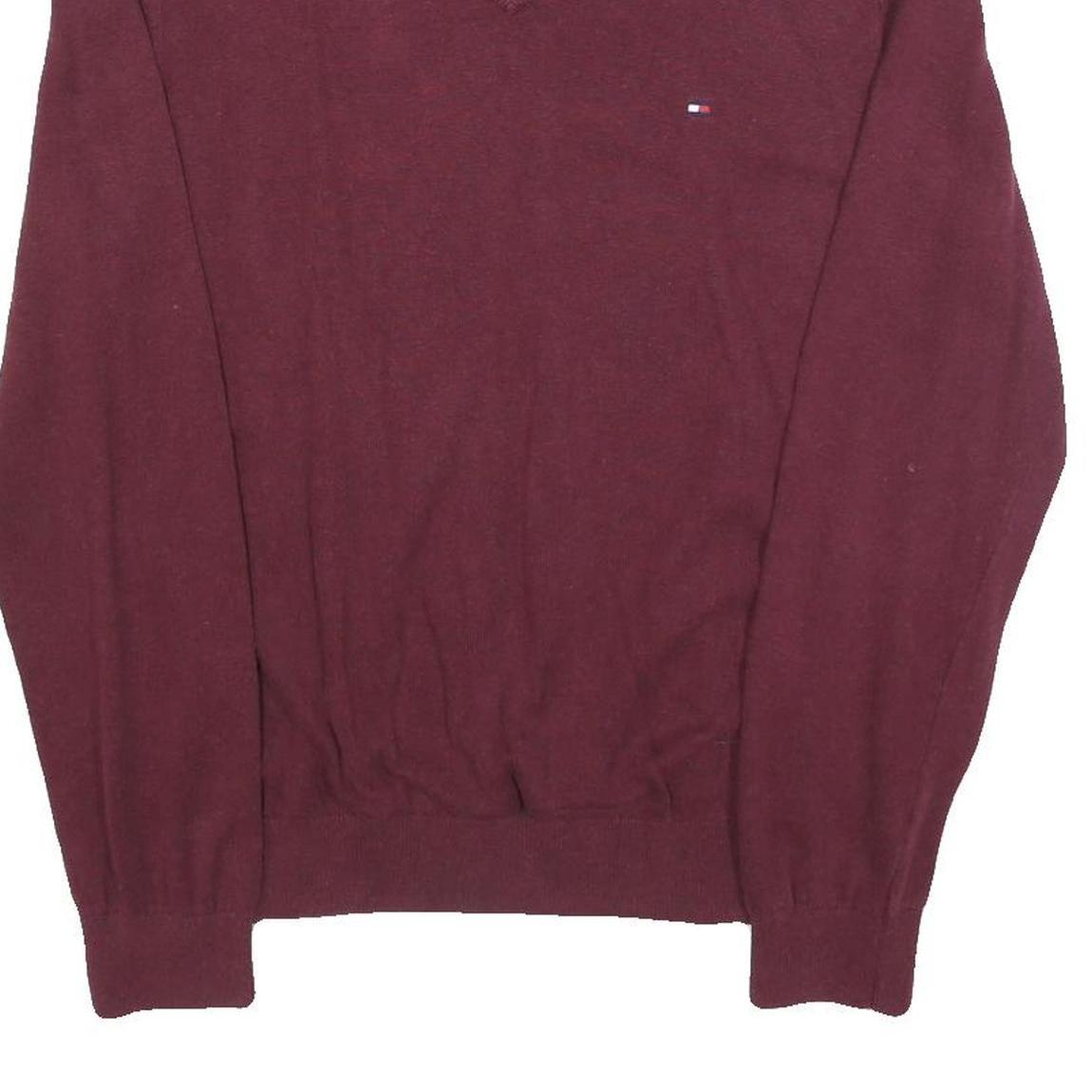 TOMMY HILFIGER Mens Maroon Plain Cotton V Neck Basic Knit Jumper L Classic Style