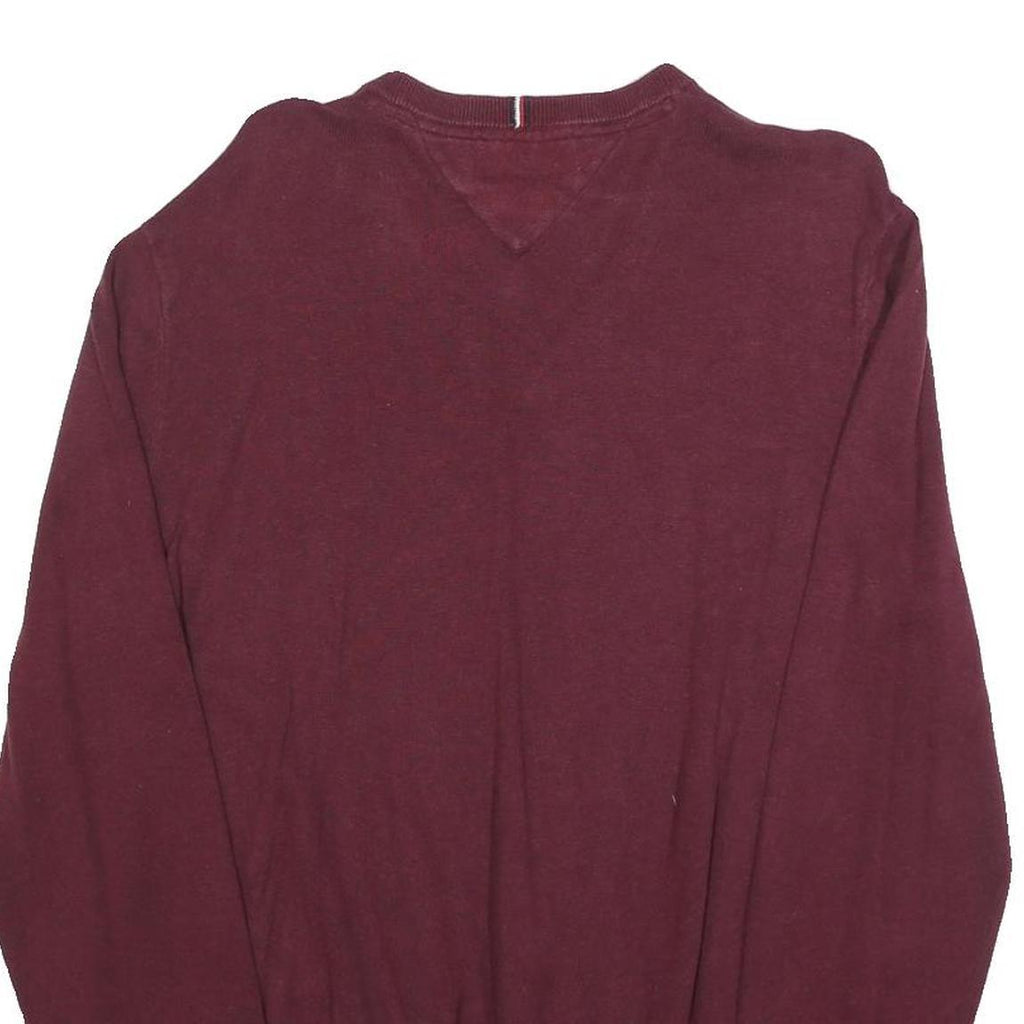 TOMMY HILFIGER Mens Maroon Plain Cotton V Neck Basic Knit Jumper L Classic Style