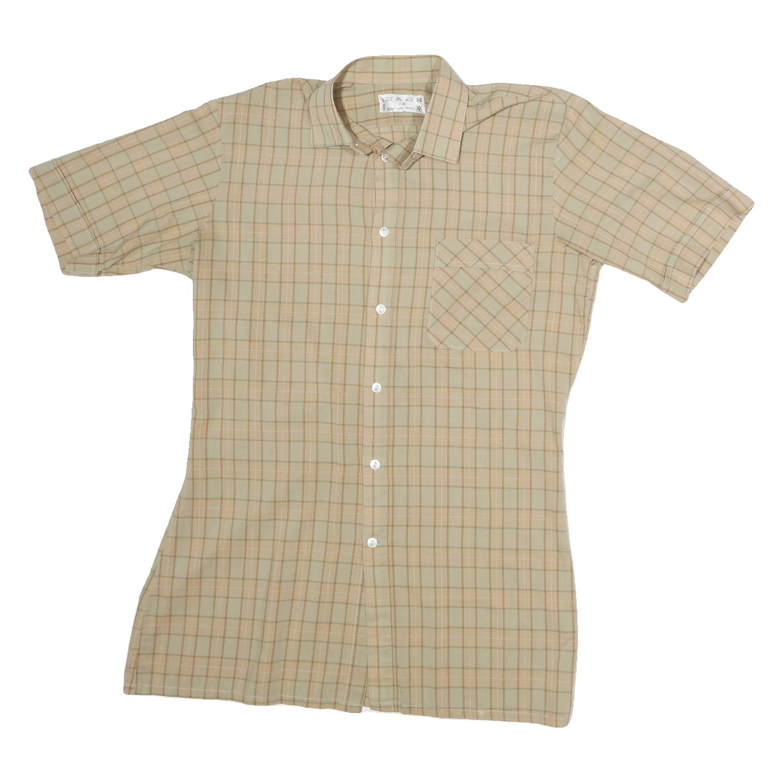 Mens Beige Check Cotton Shirt M Short Sleeve Casual Lightweight Pocket