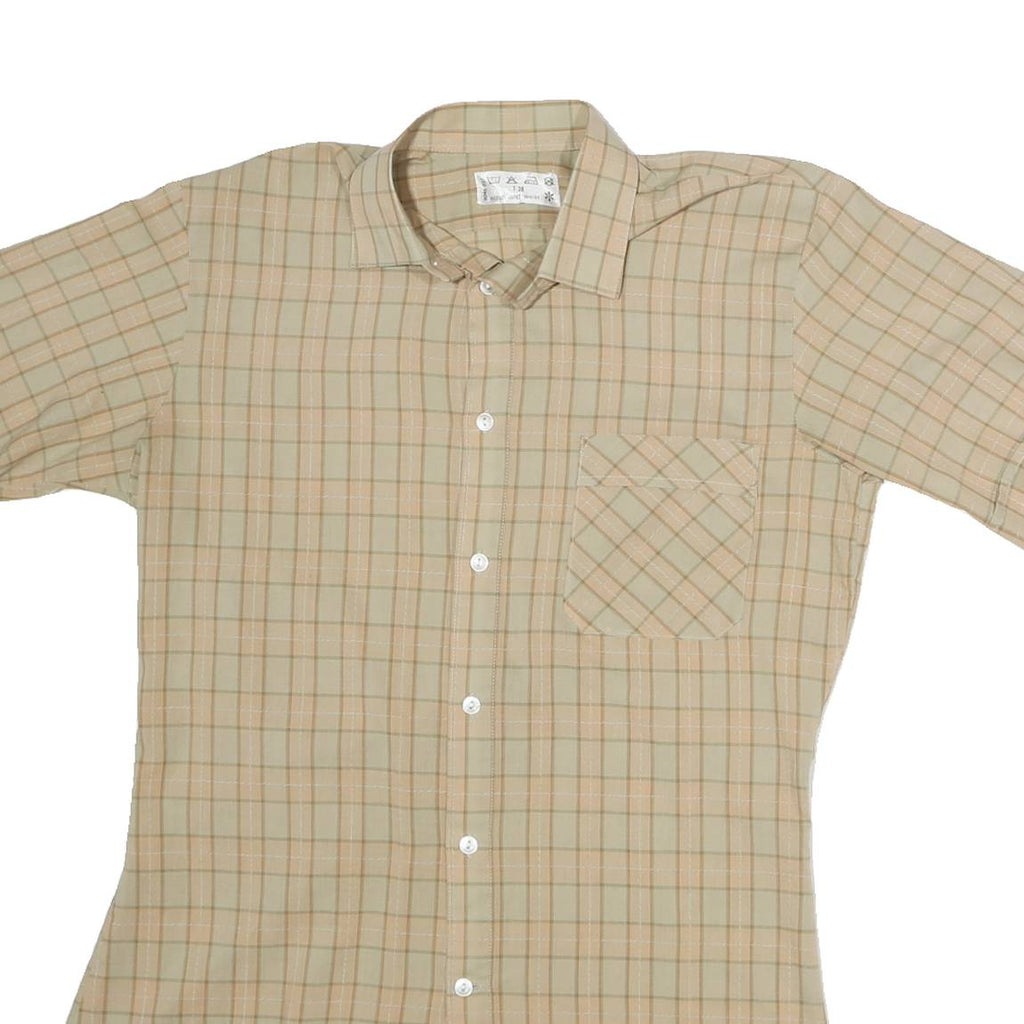 Mens Beige Check Cotton Shirt M Short Sleeve Casual Lightweight Pocket